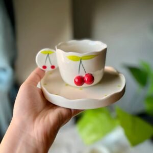 Ceramic Cup with Saucer Cherry