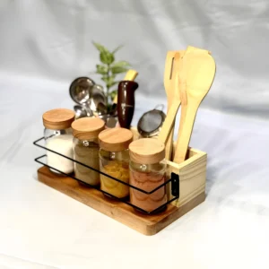 Wooden Spoon Organizer with 4 Glass Airtight Jars