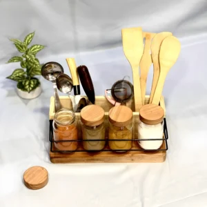Wooden Spoon Organizer with 4 Glass Airtight Jars
