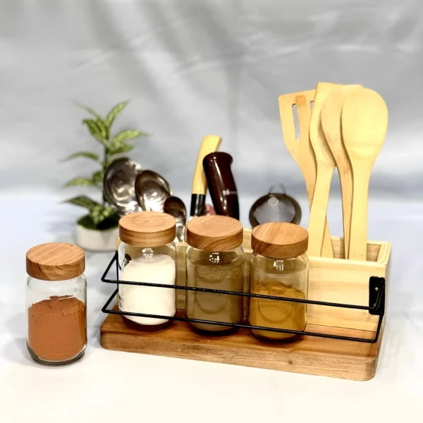 Wooden Spoon Organizer with 4 Glass Airtight Jars