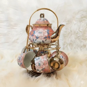 Vintage Ceramic Tea Set with Stand Pink