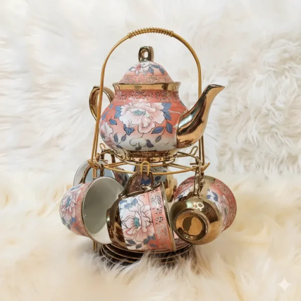 Vintage Ceramic Tea Set with Stand Pink