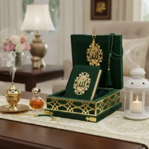 green velvet quran box with tasbih