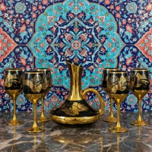 turkish designed 7 piece jug & glass set black flower